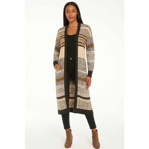 MARLED Acrylic Long Line Knitted Cardigan Large Grey Colorblock Striped NWOT - Picture 1 of 9